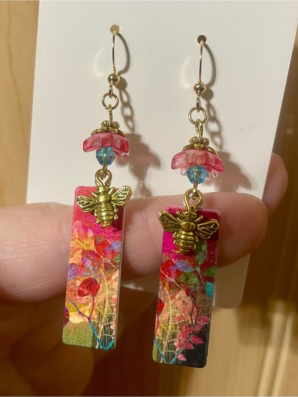 Hand Crafted Pink Floral Bee Drop Earrings with Gold Accents - Picture 6 of 6